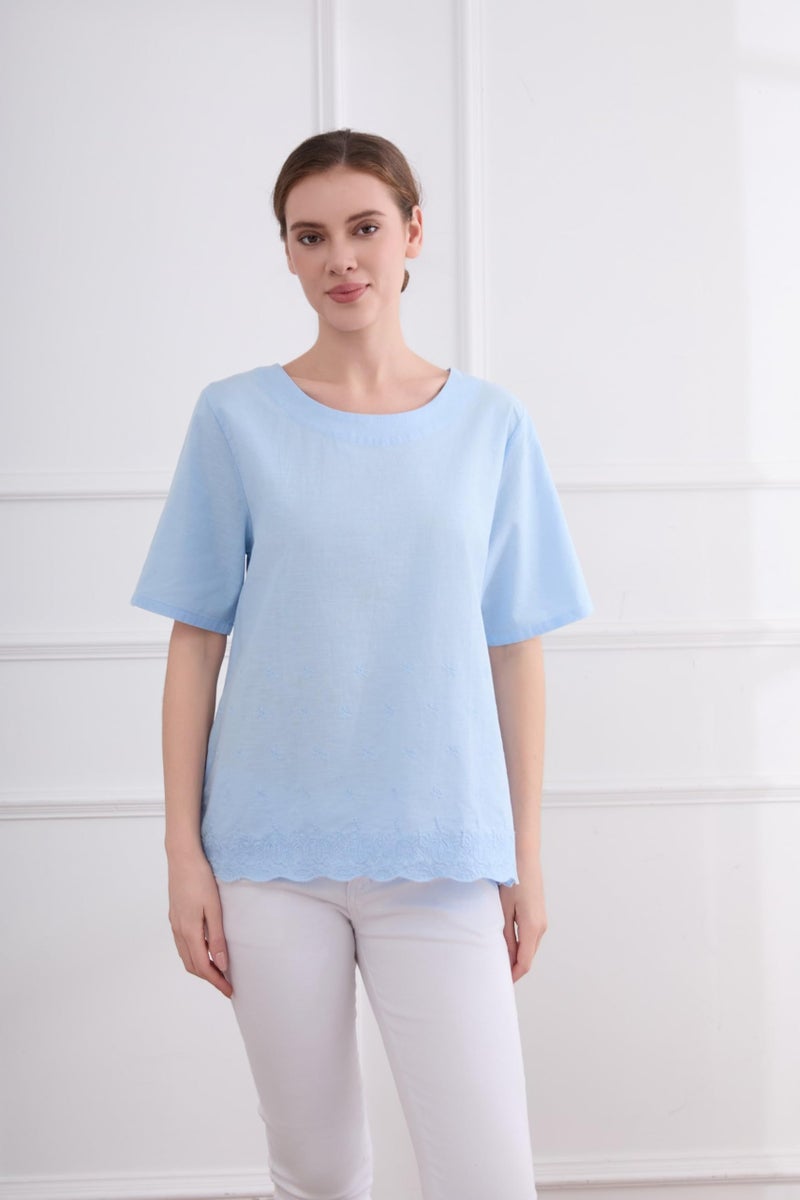 Minibee Women's Summer Linen Tunic Shirt High Low Hem Embroidery Blouse Top Blue M - Image 2